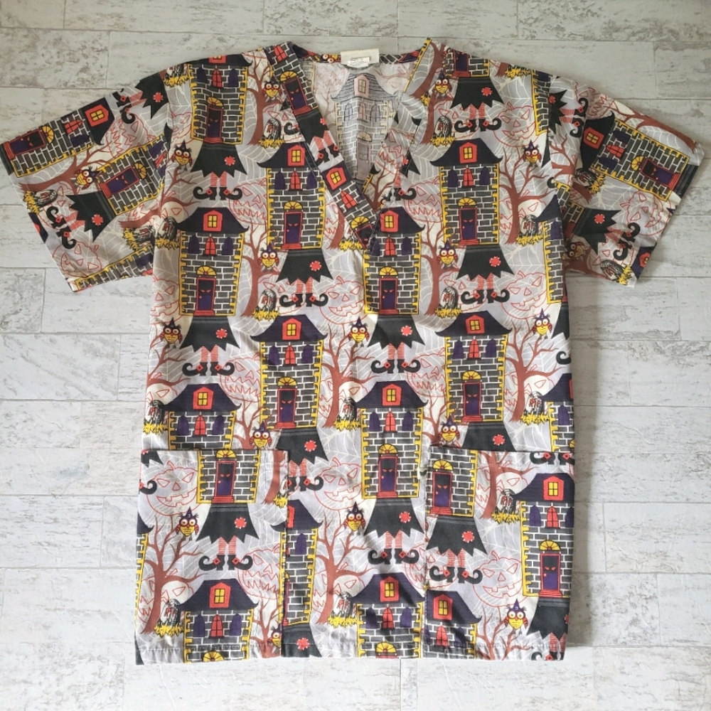 Halloween Scrubs Top Witch, Owl, Haunted House